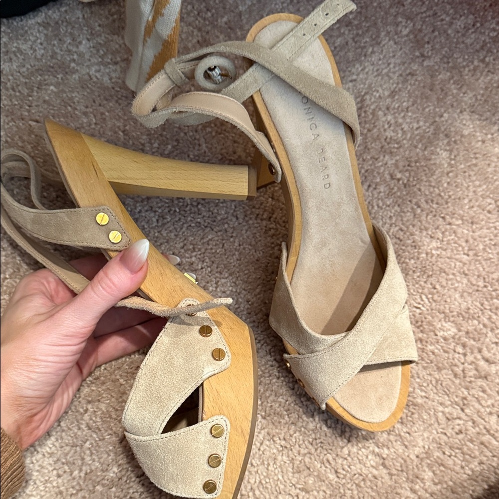 Veronica Beard Beige Suede Mules with Wooden Heel
